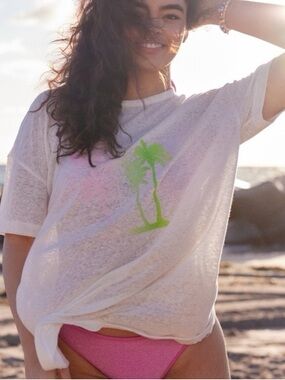 Aerie Breezy Boyfriend T-Shirt Cream Linen Blend Palm Sunset XL